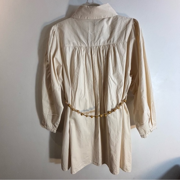 ZARA Sz L Collared Cream Shirt Dress Eyelet Lace Front Puff Sleeves Beaded Belt - Picture 9 of 14